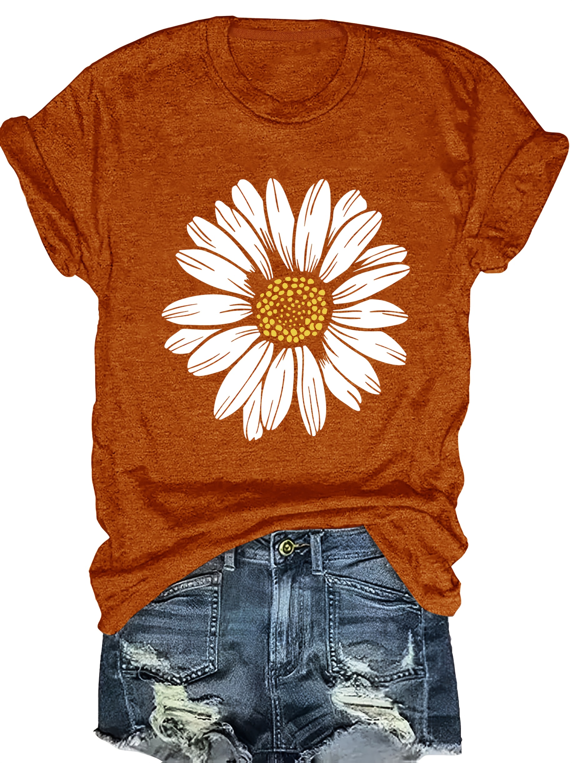 Women's Casual Daisy Flower Print T-Shirt - Vibrant Orange with White Floral Design, Round Neck, Medium Stretch, Machine Washable, Spring/Summer Essential, Spring Fashion Tee, Relaxed Fit Tee, Mediumstretch Fabric