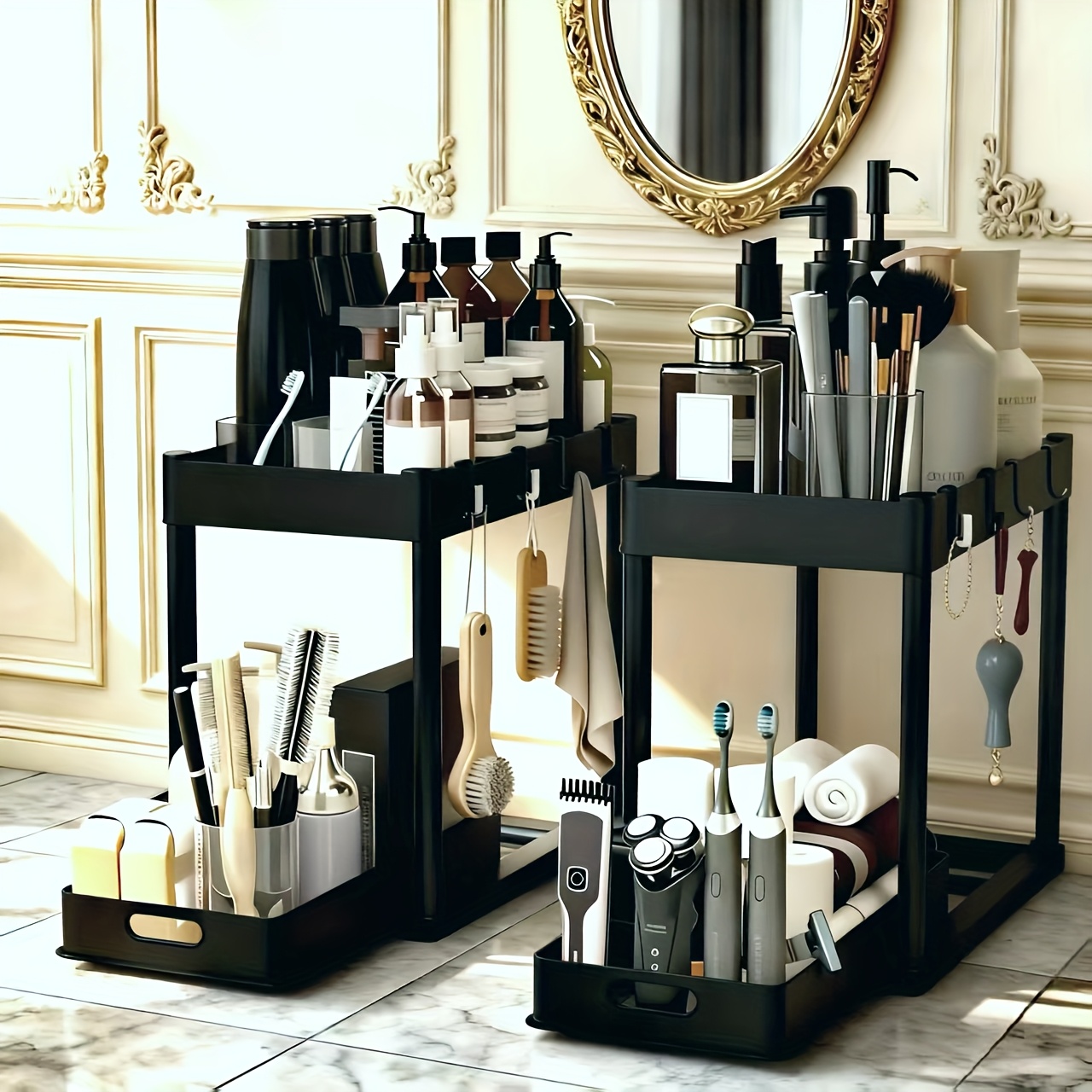 TEMU 2pcs Under Sink Organizer - , 2 Tier Sliding Cabinet Basket, Metal Pipe, 8 Hooks For Kitchen And Bathoom Under Sink Organizers And Storage