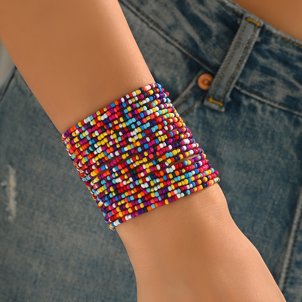 Image of 20pcs Glass Bead Colorful Layered Bohemian Style Minimalist Fashion Beach Party Festival Bracelet Set