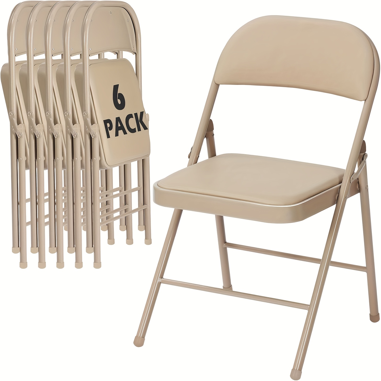 TEMU 6 Pack Folding Chairs With Padded Cushion And Back, Khaki Metal Chairs With Comfortable Cushion And Durable For Home And Office, For Indoor And