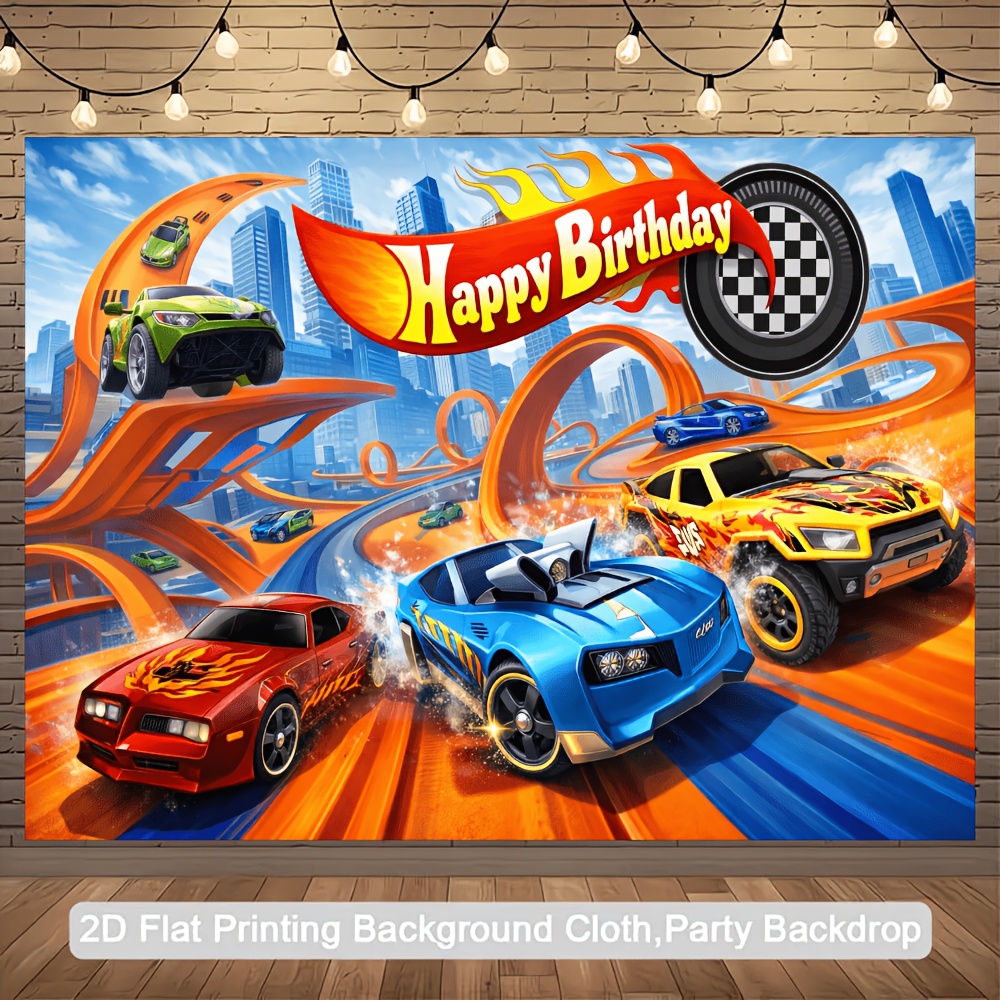 TEMU 2d Flat Printing Background Cloth, Party Backdrop, Cool Racing Theme, Multicolored Cars, Orange Track And , Happy Birthday, Polyester Material,