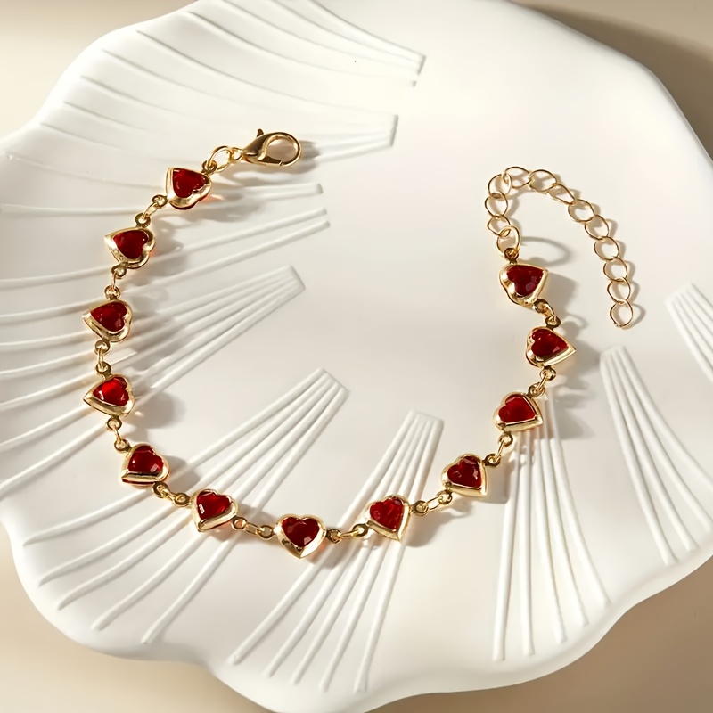 Heart Shaped Synthetic Ruby Bracelet for Women, Copper Alloy