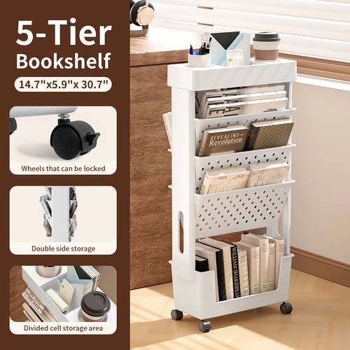 1pc 5 layer book storage box with wheels desk mounted book artifact classroom bookshelf student book case desktop office study room bedroom living room bathroom multi scene use utility shelves
