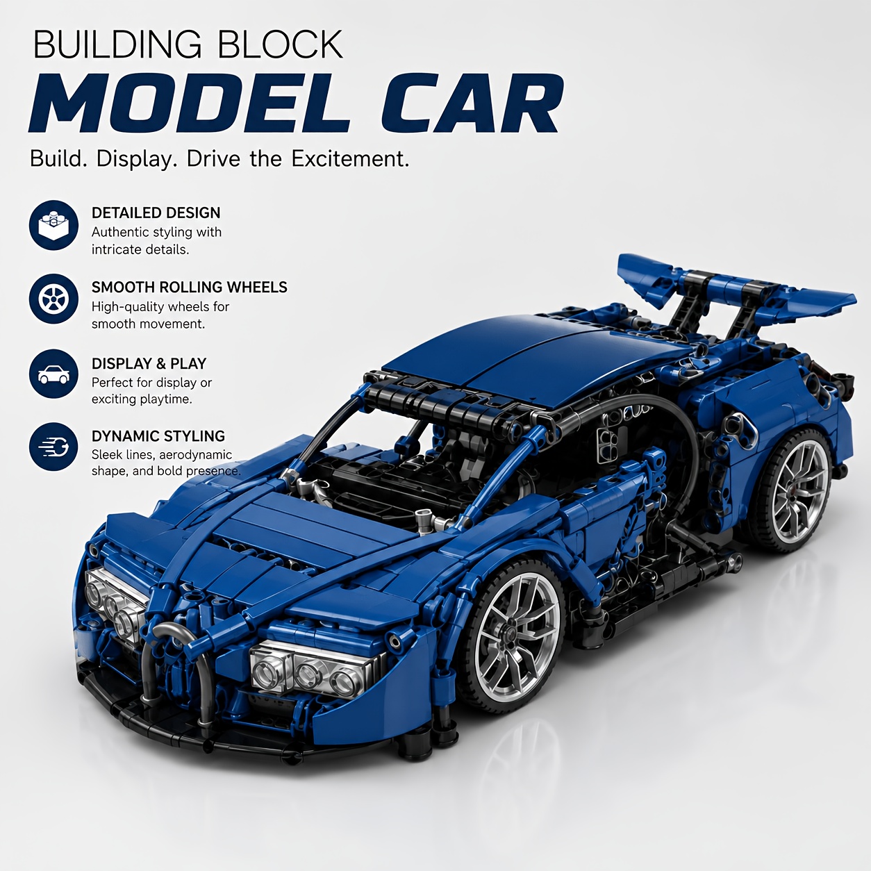 TEMU Creative Blue Mechanical Sports Car Assembly Block Model, Simulation Car Design, Multi-piece Combination Assembly, Movable Wheel Hubs With Rich