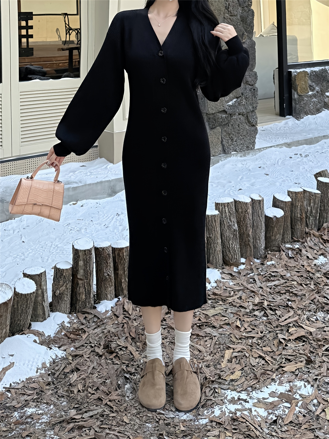 1pc v neck lantern sleeve knit dress long bodycon midi dress - Temu