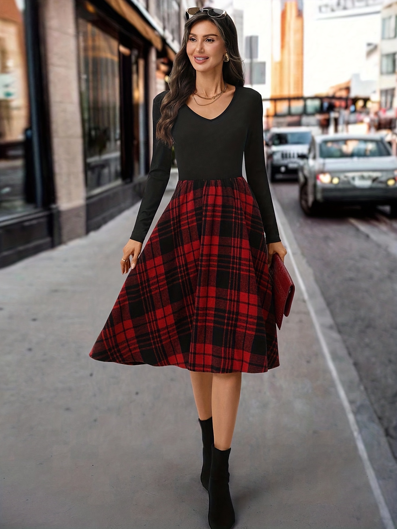 chinese dress ladies Rihoas Crew Neck Plaid A-Line Mini Dress For Women, Black / L