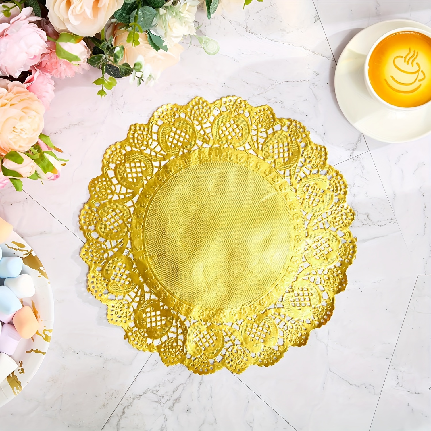 

Golden Round Lace Paper Placemats , Oil Absorbing Paper, Lace Paper - Used For Decorating Desserts, Fried Foods, Wedding Tableware, Cake Packaging, And Disposable Use