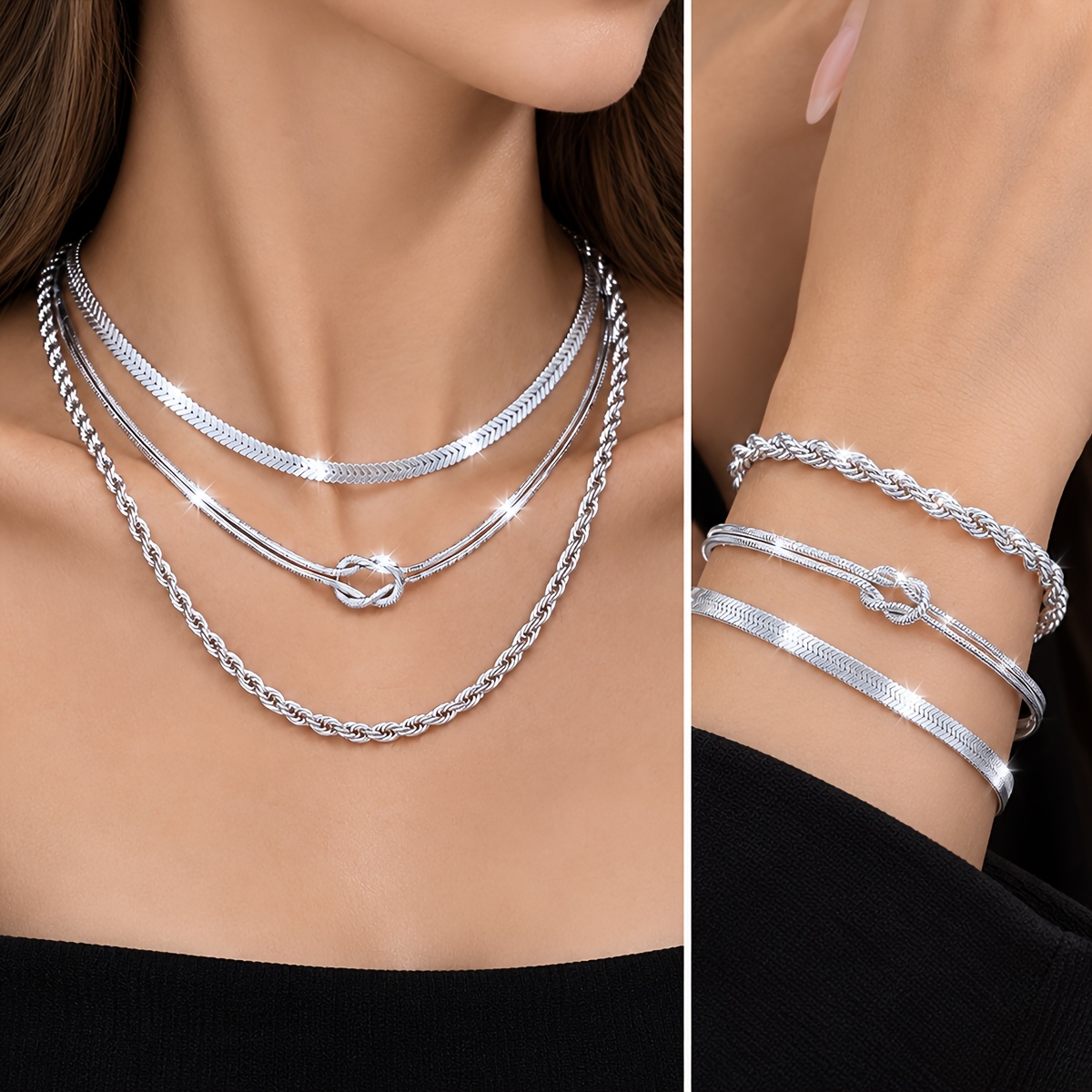 TEMU Set di 6 pezzi di collana e bracciale da donna in acciaio inossidabile oro 18 , gioielli da donna impermeabili e resistenti allo sbiadimento,