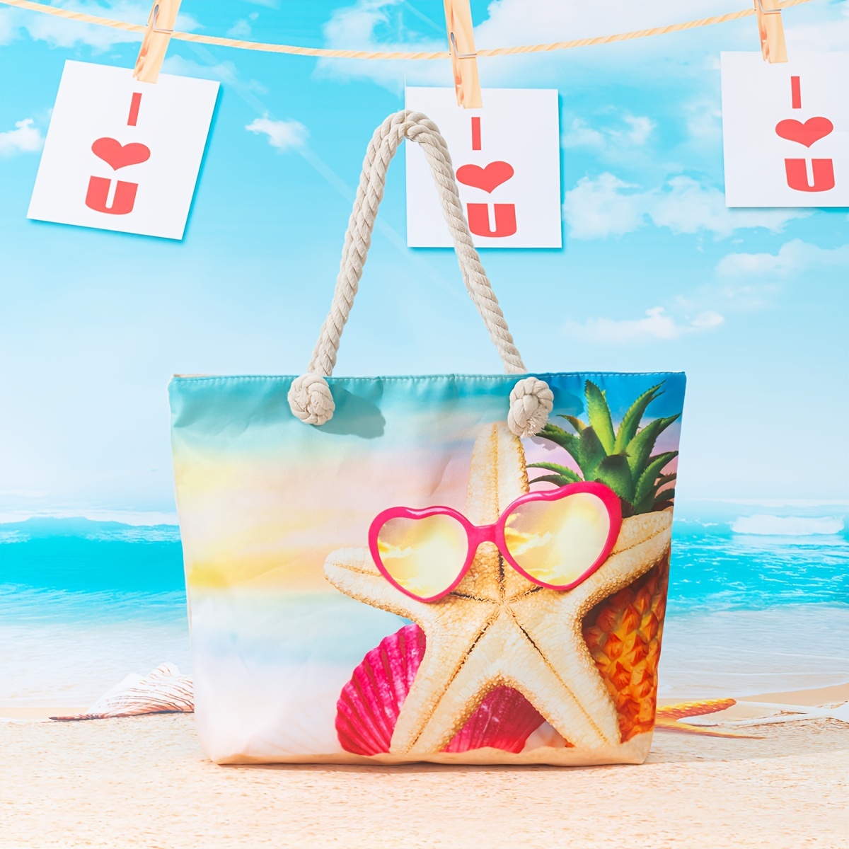 

Large Summer Beach Tote Bag For Women, Nylon Shoulder Bag With Vibrant Seashell, Flip Flops Print, Casual Shopping Bag