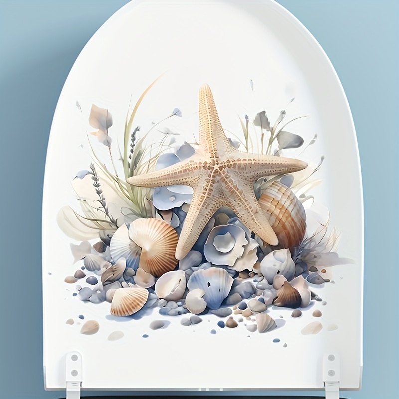 

1pc Summer Beach Starfish Shell Toilet Lid Decal - Self-adhesive, Easy Mount Bathroom Decoration, Semi-glossy Plastic Surface Decal For Toilet Seat & Tank, Single Use Beach-themed Decor Sticker