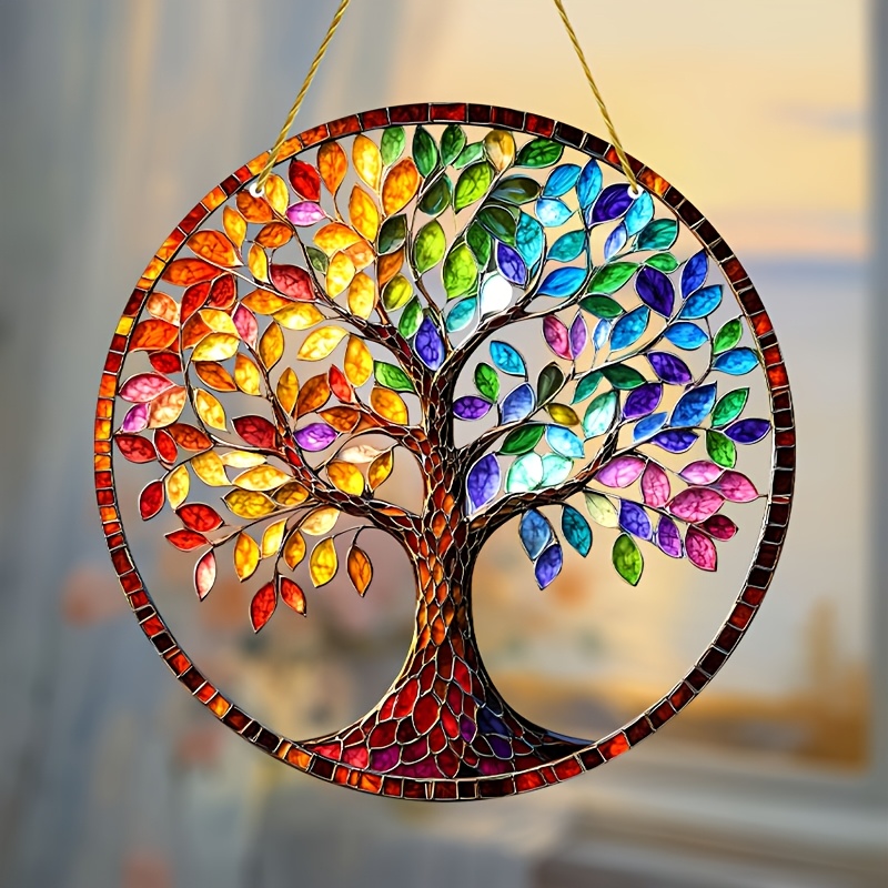 

2d Flat, Tree Of Life Suncatcher, 9" Acrylic Wall Hanging Decor, Stained Glass Art, Nature Inspired Spiritual , Bohemian Wall Decor, With Vibrant Colors For Decoration