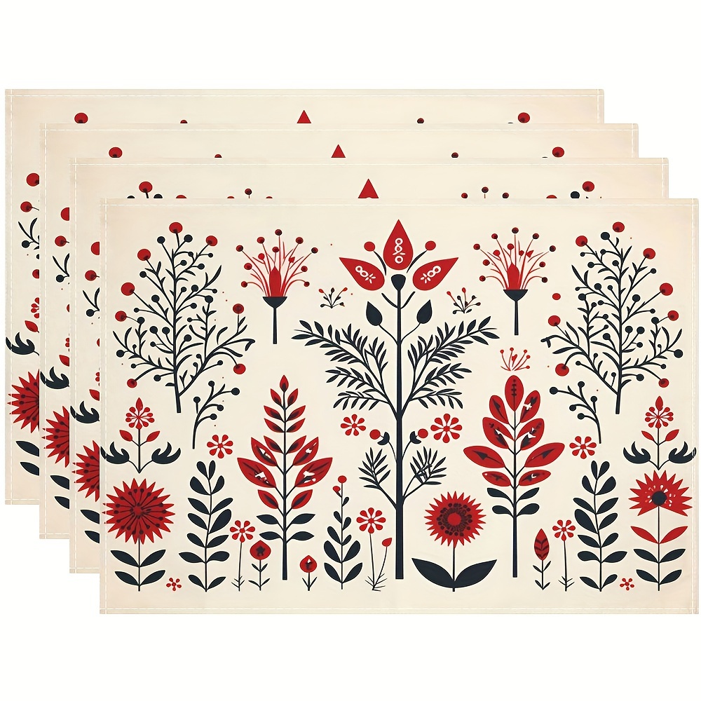 

1pc/4/6pcs Folklore Cotton Red Black Flower Placemats, Swedish Folk Art Botanical Design, Boho Floral Print, Table Supplies, Dining Table Decor