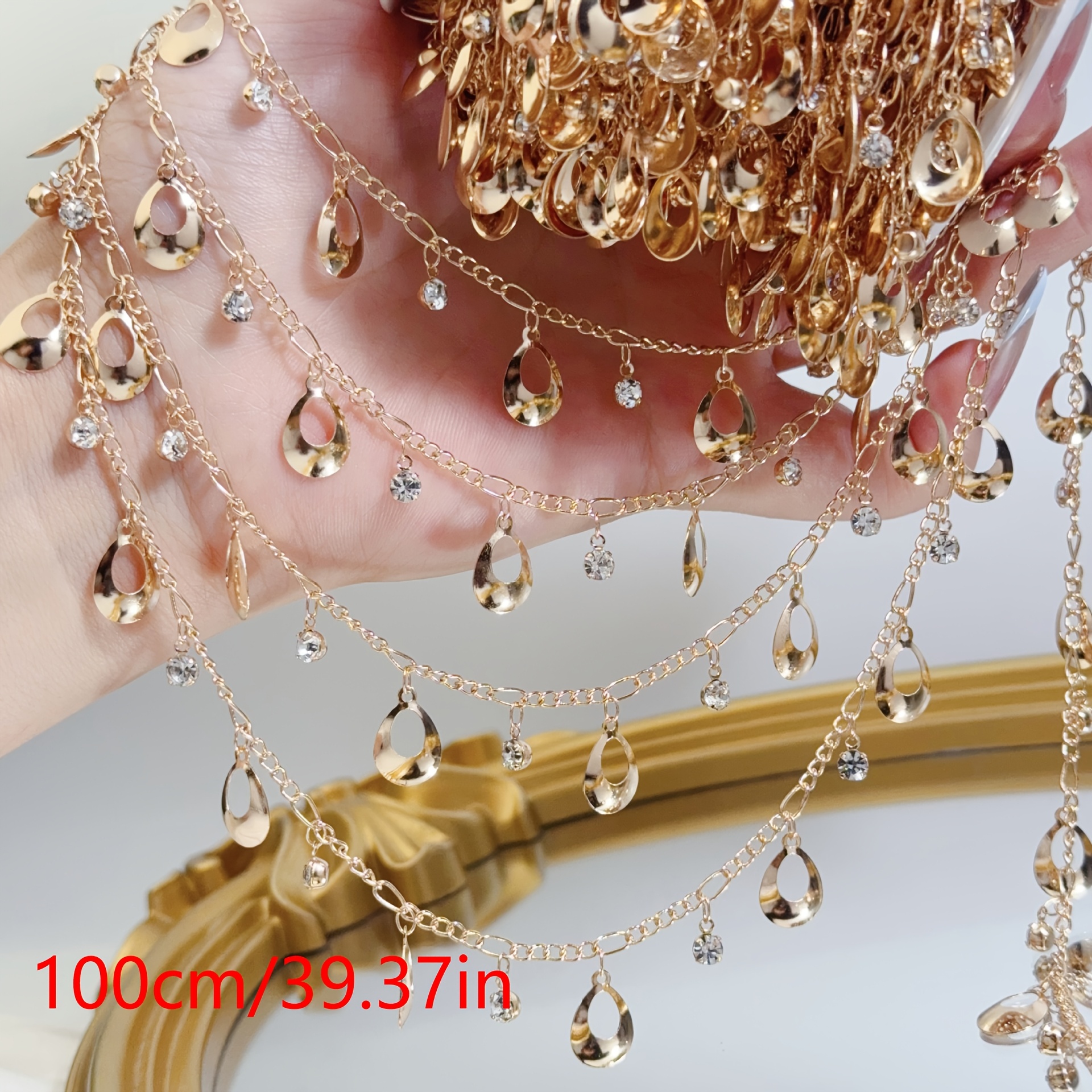 TEMU 1-meter Hollowed-out Large Teardrop-shaped Metal Chain, Diy Ancient-style Hair Accessory Tassel Chain, Clothing Decoration Material