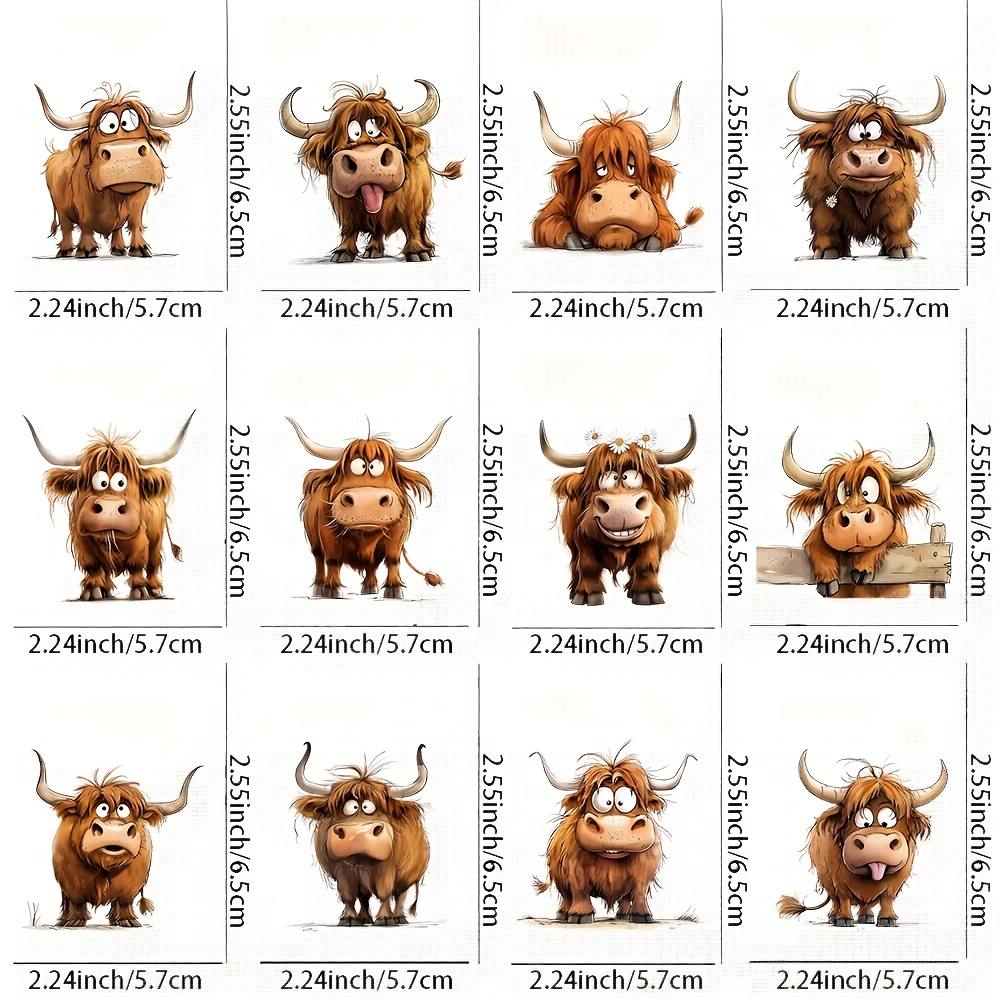 Image of 12pcs Funny Highland Cow Themed Uv Transfer Stickers - For Crafts, Mugs, Laptops & Water Bottles, Self-adhesive Plastic Decals, Mug Decoration