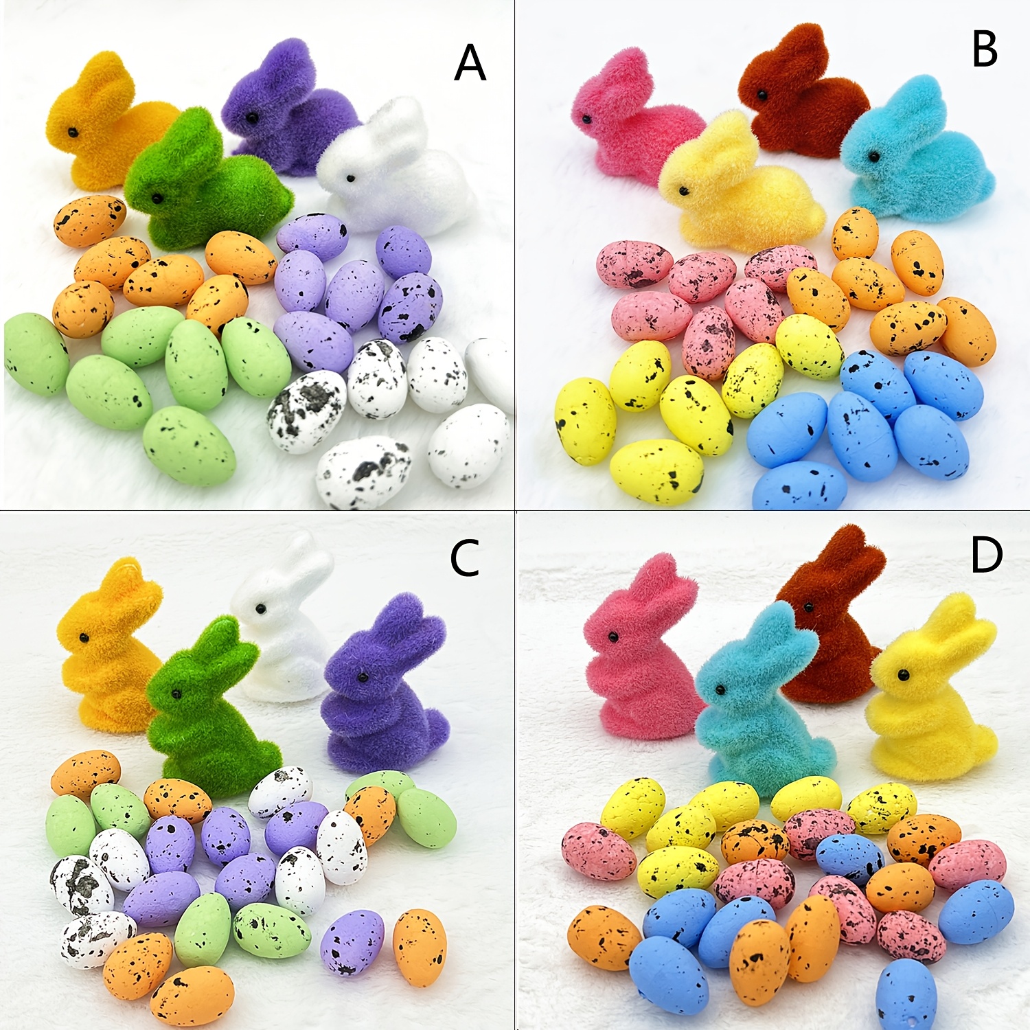 

28 pièces d'œufs de Pâques et de lapins avec des œufs mouchetés en mousse et des lapins en peluche pour la décoration de fête et de table.