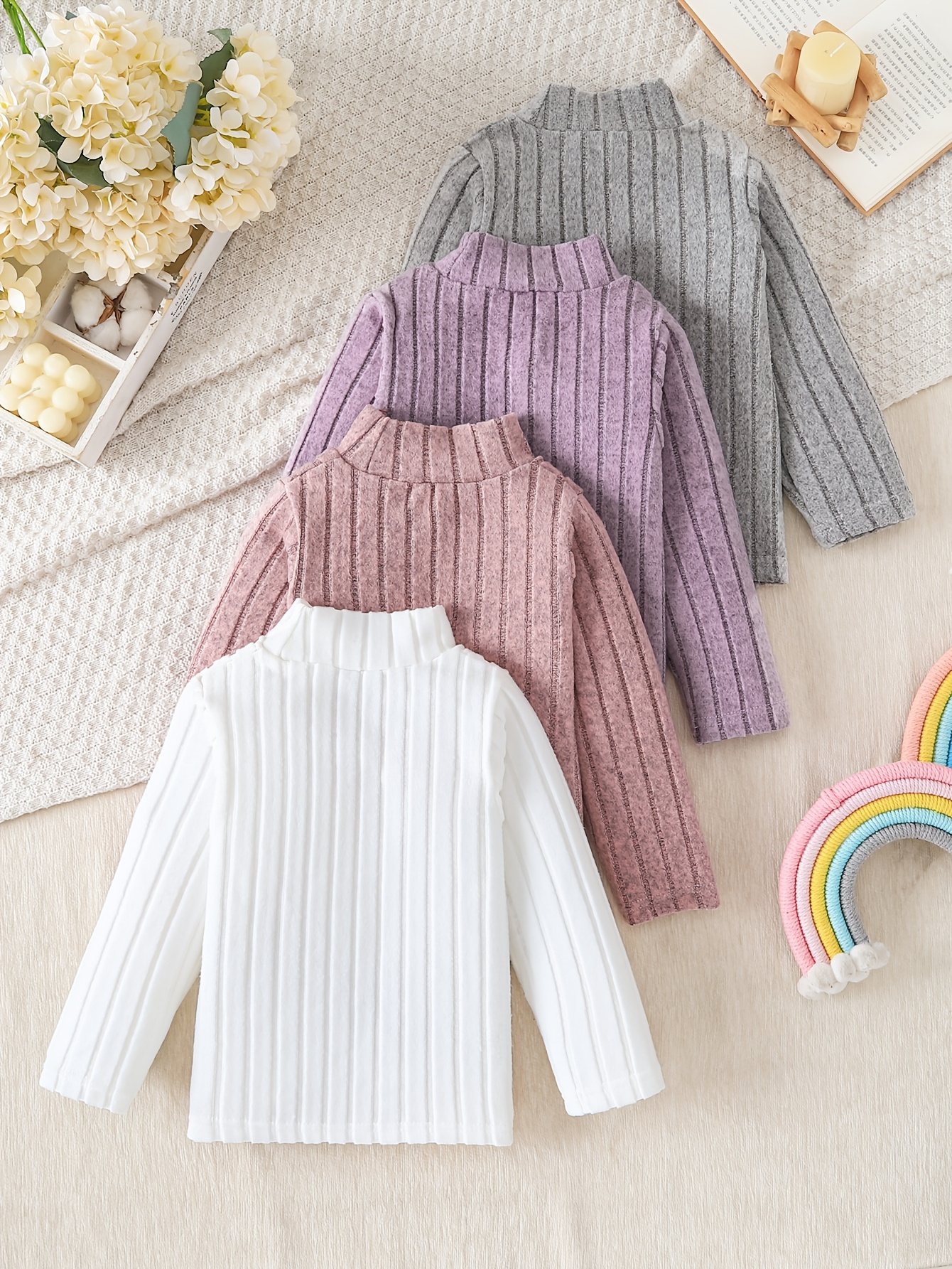 4pcs Set of Girls' Spring Autumn Slim Fit Pullover Shirts