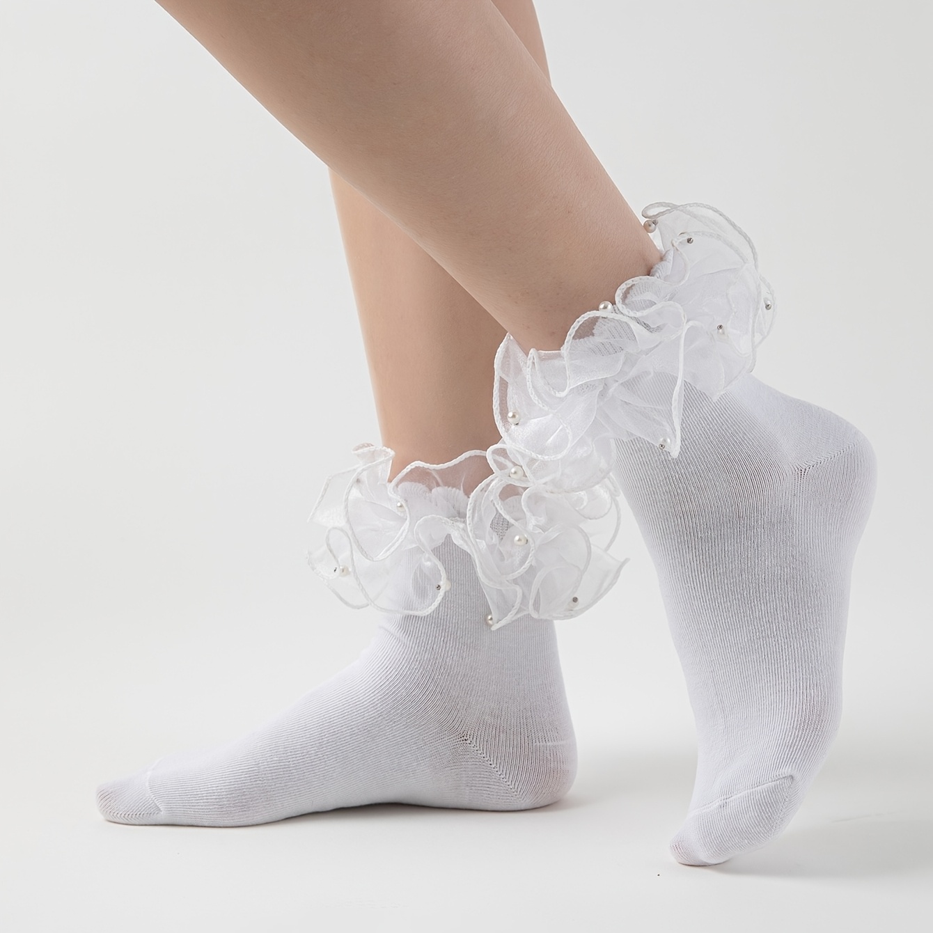 TEMU 1 Pair Women's Mid-calf Socks With Lace Ruffles At The Ankle, Suitable For Dance, Parties, Holidays, And Daily Wear