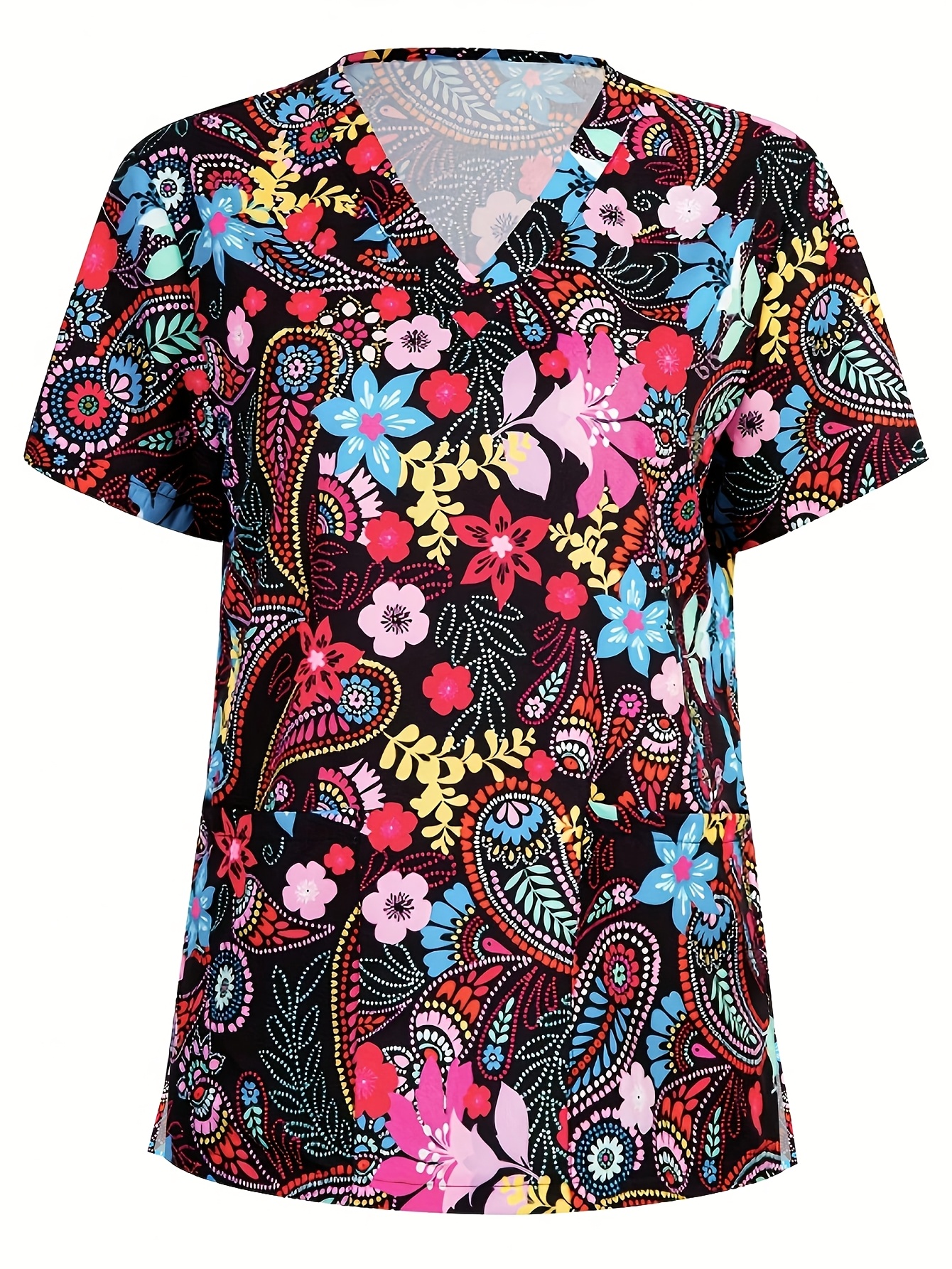women's floral print v neck scrub top pockets breathable Temu