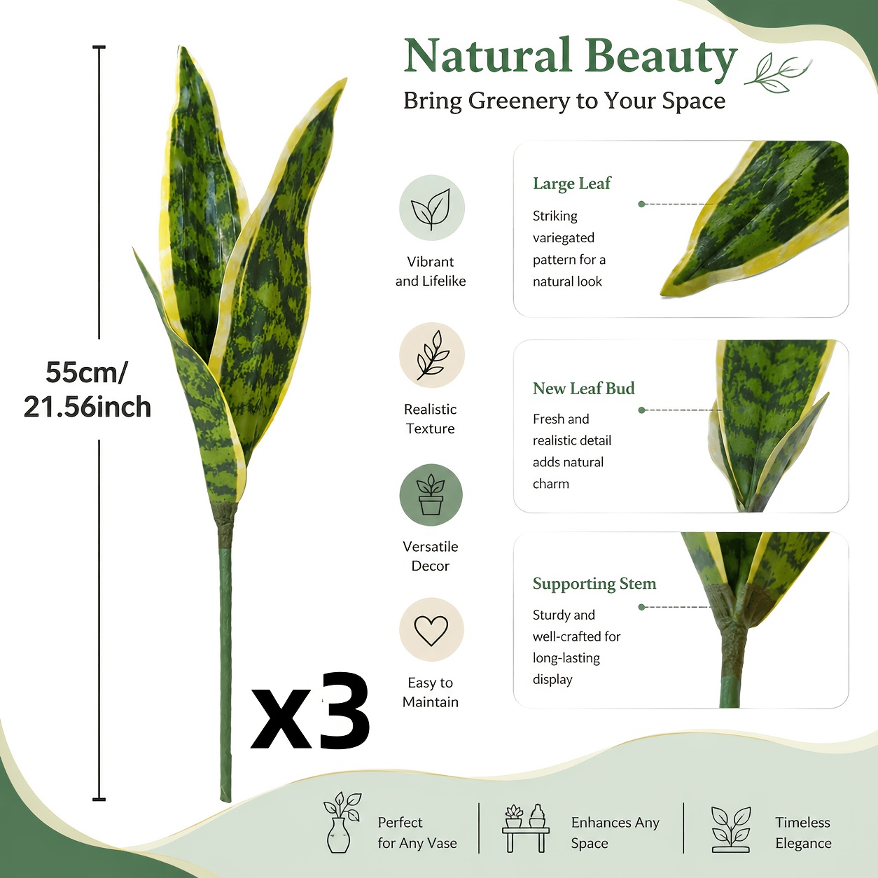 TEMU 3pcs Uv-resistant Artificial Sansevieria With Golden Edges - Green Leaves, Faux Greenery For Home Decor, Ideal For Indoor/outdoor Decoration -