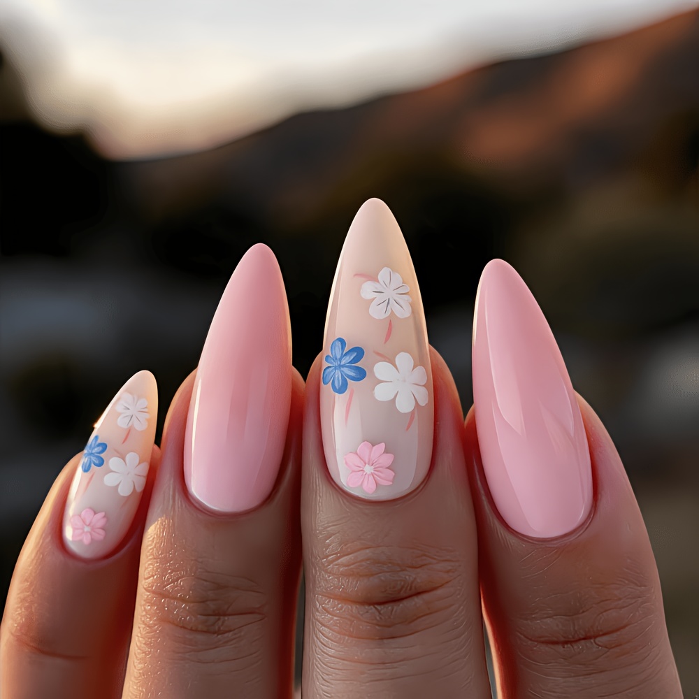 TEMU Upgrade Your Look. 24pcs Long Almond-shaped Wearables With Nude Pink Hand-painted Floral Nail Polish. Fresh And Bright Women's Wearables.