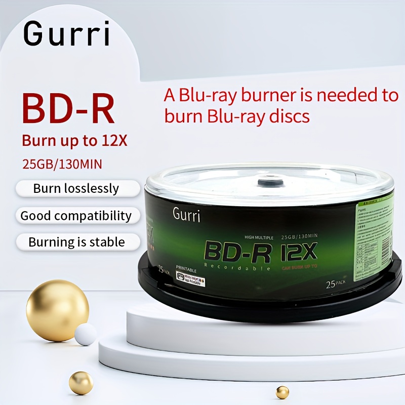 TEMU Gurri Bd-r Blu-ray Discs With 25g/50g Large Capacity, Blank Discs For Burning And Printing, Packaged In A Bucket Of 25pcs.