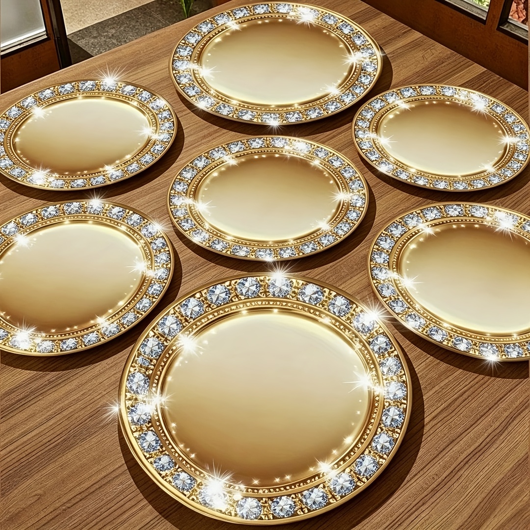 TEMU Of 6 Luxurious Golden Round Placemats, Washable And Non-slip, Featuring A Sparkling Gem And Starburst , Dining, Holiday Parties Like Christmas,