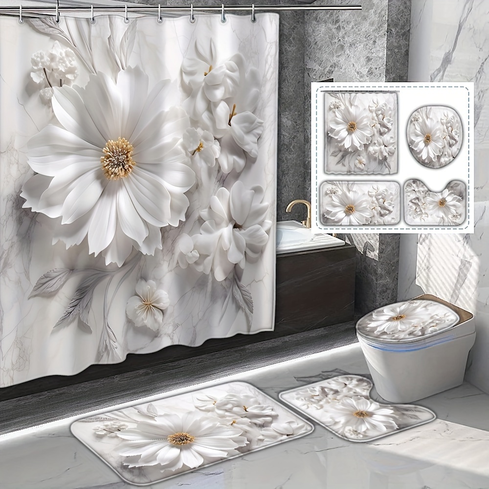 

1/4pcs Flower Pattern Shower Curtain Set, Bathroom Full Set Including Waterproof Shower Curtain, Non-slip Mat, Toilet Lid Pad, U-shaped Bath Mat, Decorative Bathroom Accessories