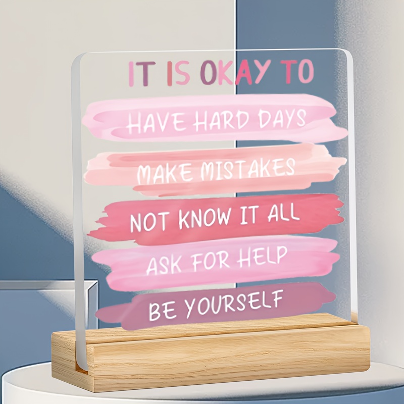 Image of 2d Flat - [2d Flat] 1pc Pink Acrylic Inspirational Desk Decor With Base - Women Office Gifts, Inspirational Positive Energy Quotes "hard Days Don't " & "i Am " - Self Care & Recovery Keepsake, 2d Flat