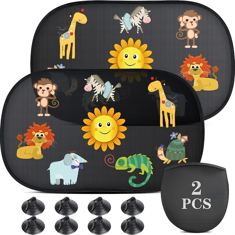 2pcs Cartoon Animal Car Sunshade, 20x12 Inches, Black Pvc, Uv Resistant, Self-adhesive, Equipped With 8 Suction Cups