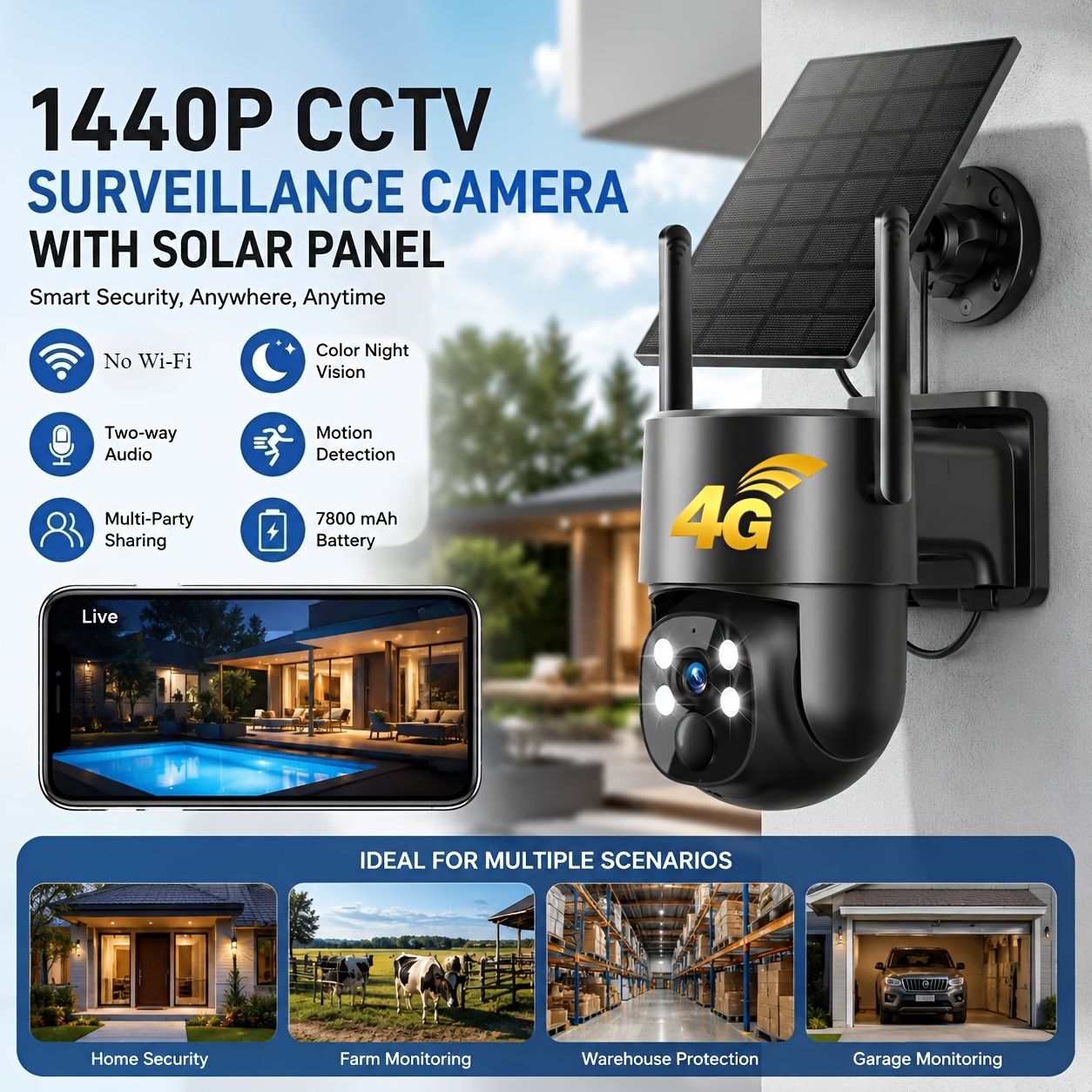 TEMU 4g Lte Solar Security Camera Wireless Outdoor, 2k 360° Ptz Panoramic With Ai Human Detection Auto Tracking, Color Night Vision, Audio, Ip65,