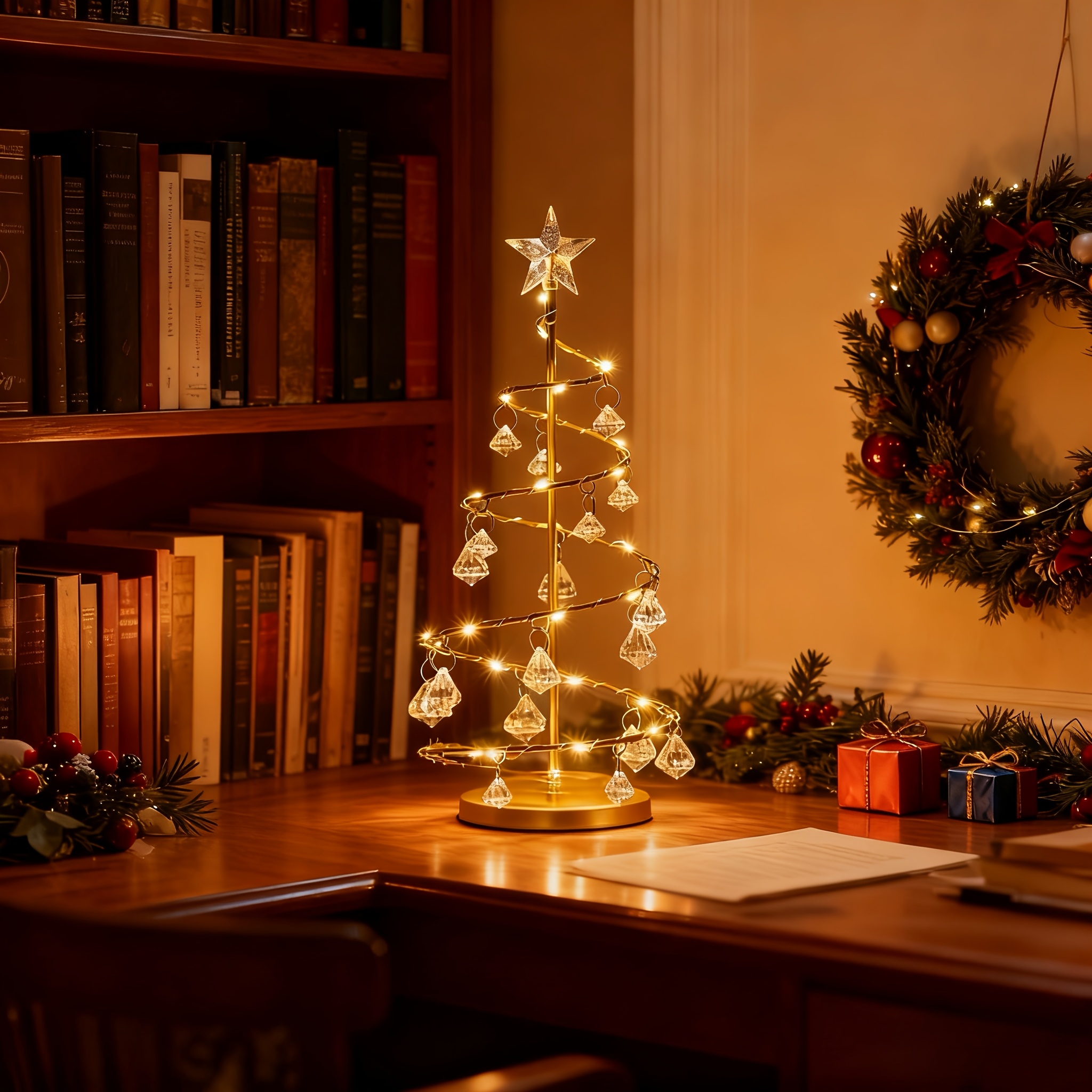 Image of Crystal Christmas Tree Night Light, Crystal Spiral Xmas Tree Table Lamp With Star Light And Metal Stand, Christmas Table Decoration For Desk Indoor Gifts