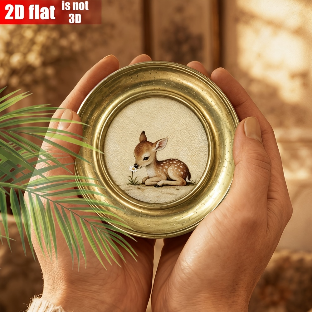 TEMU 2d Flat Wooden Round Sign Cute Spotted Deer Fawn Reclining Sniffing Daisy Retro Oil Painting Pattern Decorative Plate Retro Individual Creative
