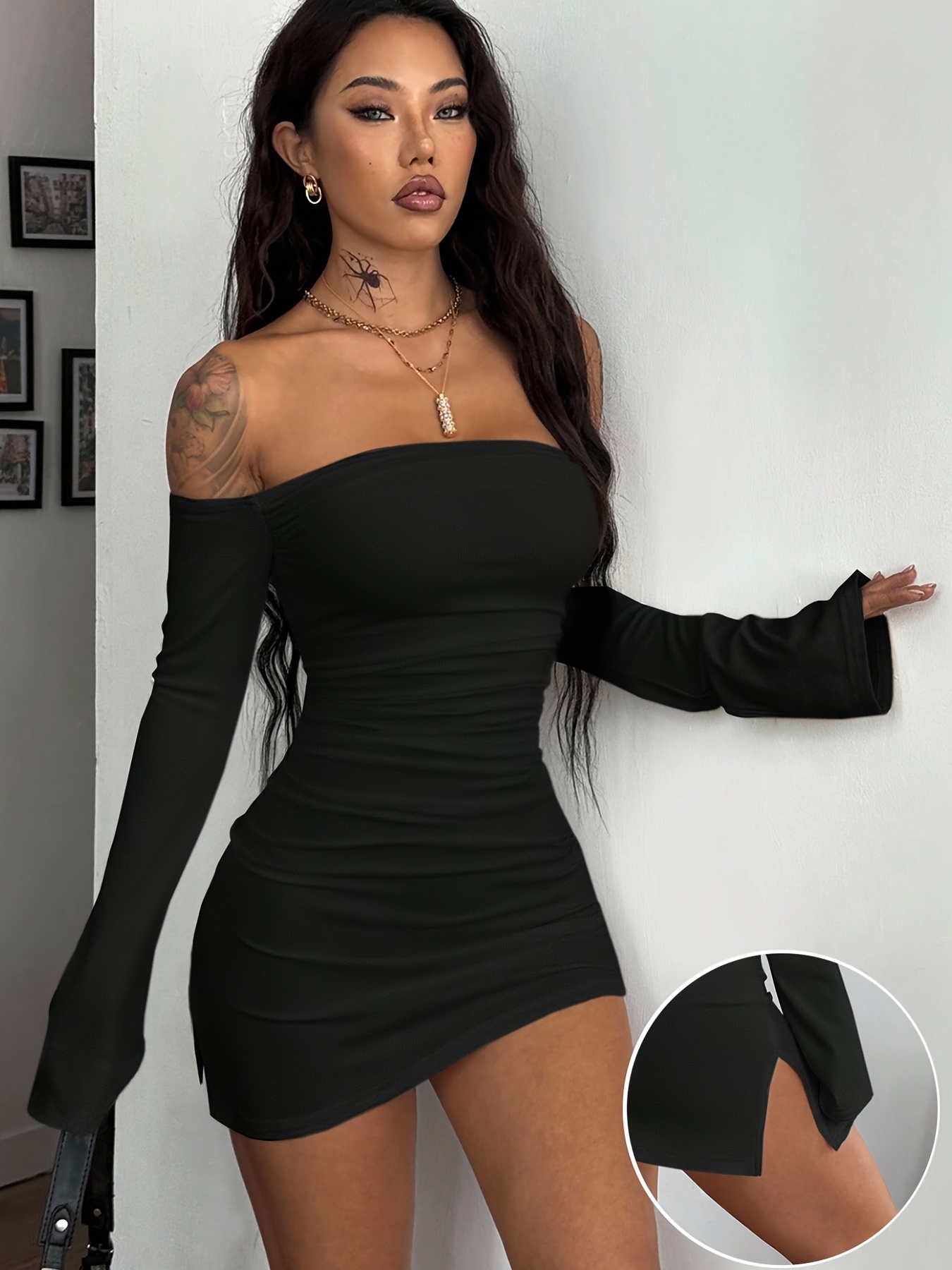 knee length dresses for ladies Black Mermaid Lace Evening Dress,Evening Dress with Long Sleeves,Two P