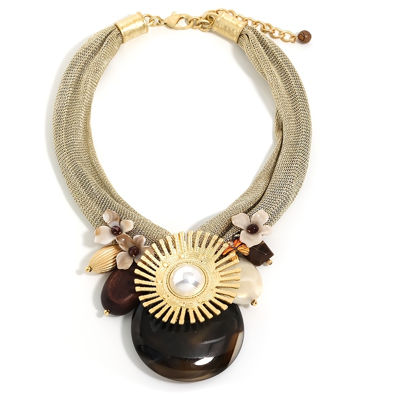 Women's Elegant 3D Sun Flower Brown Round Pendant Necklace