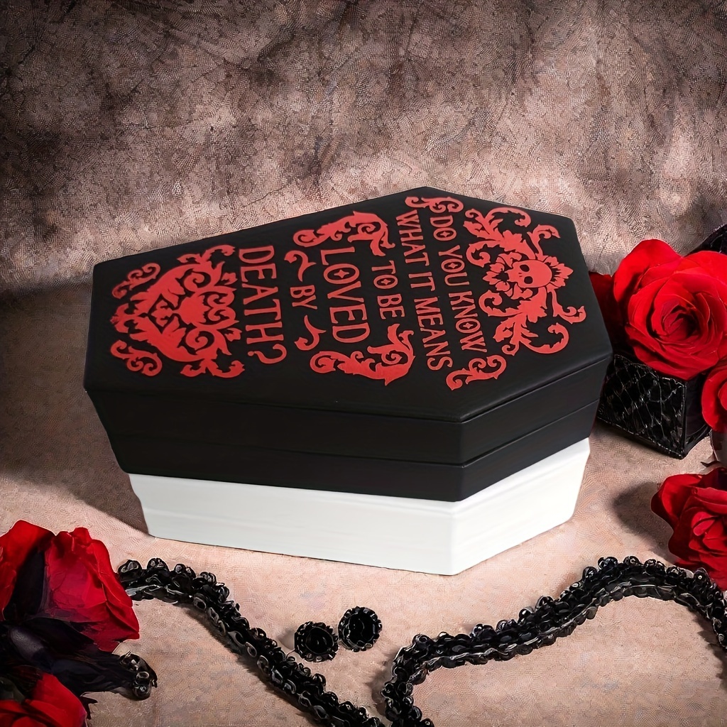 复古哥特风心形首饰盒 - 黑色pu合成皮革棺材式内衬丝绒收纳盒，多格戒指项链耳环整理器，优雅万圣节女士礼物，奢华主题设计，时尚外观 商品详情 1