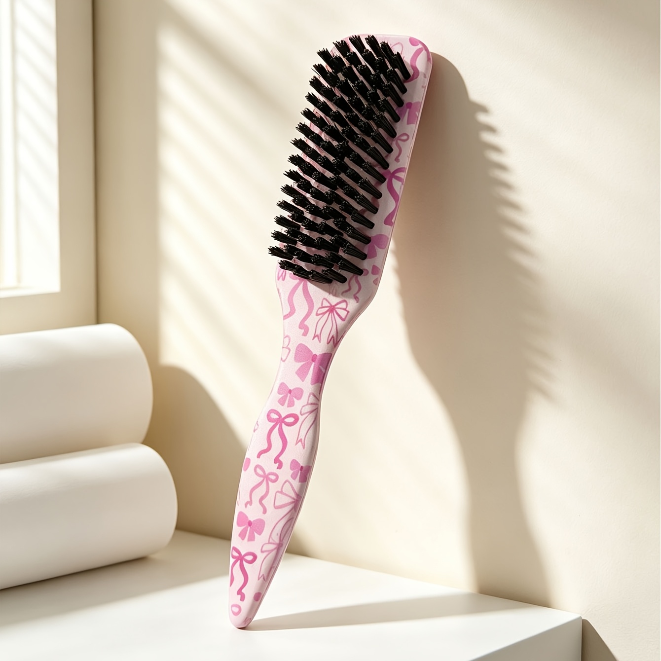TEMU 1pc Pink Bow Slick Back Hair Brush Suitable For Women With Nylon Bristles & Smoothing Brush For , Edge Hair Styling, Ponytail Bun Maker, Teasing
