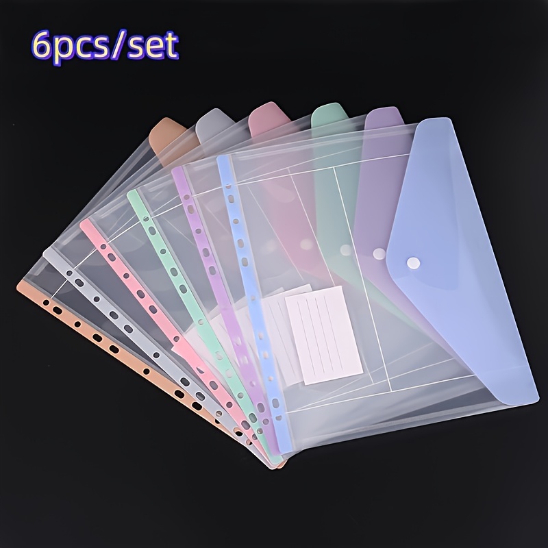 Image of 6pcs Set Of Plastic Binder Pockets, Expandable Folders Suitable For 2, 3, Or 4-ring Documents, Featuring Snap Buttons And Labels, Ideal For School, Office, Home, Or Business Use