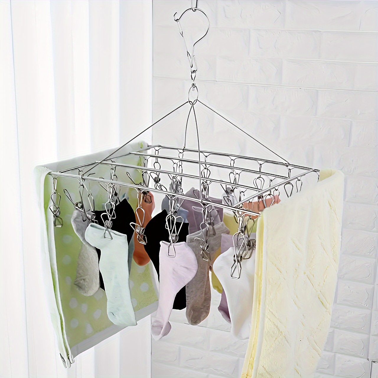 

1pc Stainless Steel Drying Rack With 20 Clips, 360° Rotatable Hook, Windproof Rust-resistant Hanging Clothespin Holder For Socks, Bras, Underwear, Laundry Accessories