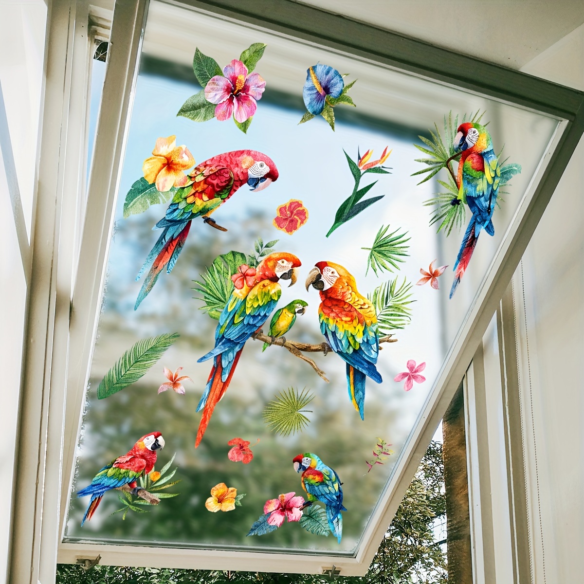 

1 Sheet Of Branch Parrot Flower Glass Sticker Sticker Double-sided 20 Centimillimeter Window Sticker Home Decoration Wall Sticker Dj4078-zc