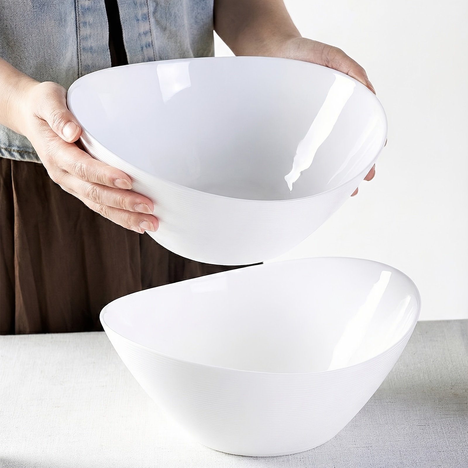 TEMU 2pcs 1.97l Large Opal Glass Salad Bowls (25cm/10") - Oval Boat Shape Serving Dishes For Pasta, Fruit, Roast Veg - Lightweight, Chip Resistant,