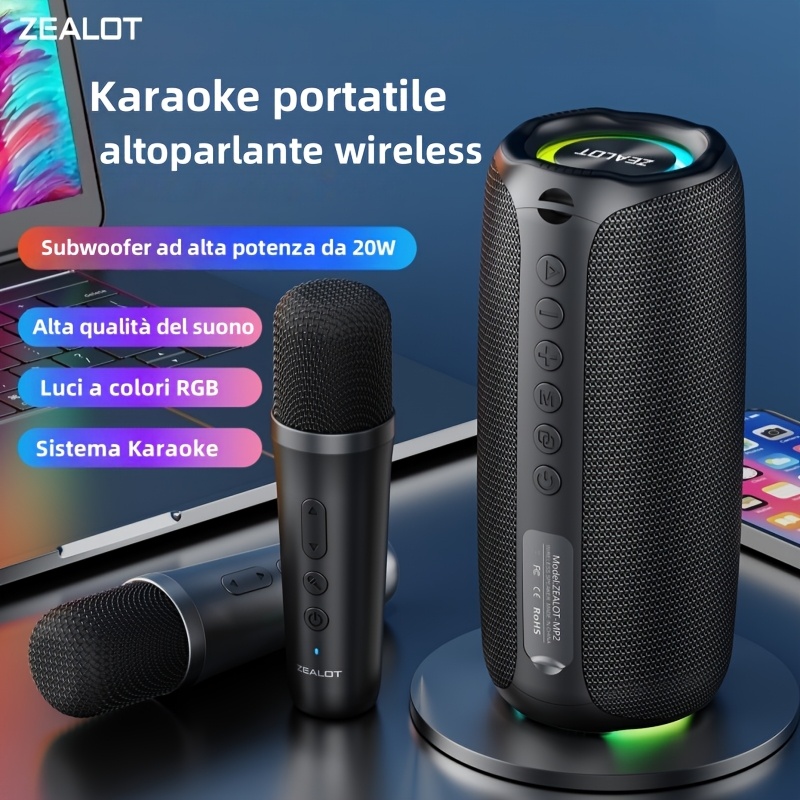 Karaoke Con Microfono Macchina Karaoke Portatile Con 2 Microfoni, Altoparlante Bluetooth 20W, Luci LED, Supporta TWS/USB/AUX/FM, Per Feste A Casa Sistema Karaoke Bluetooth 5.3 TWS