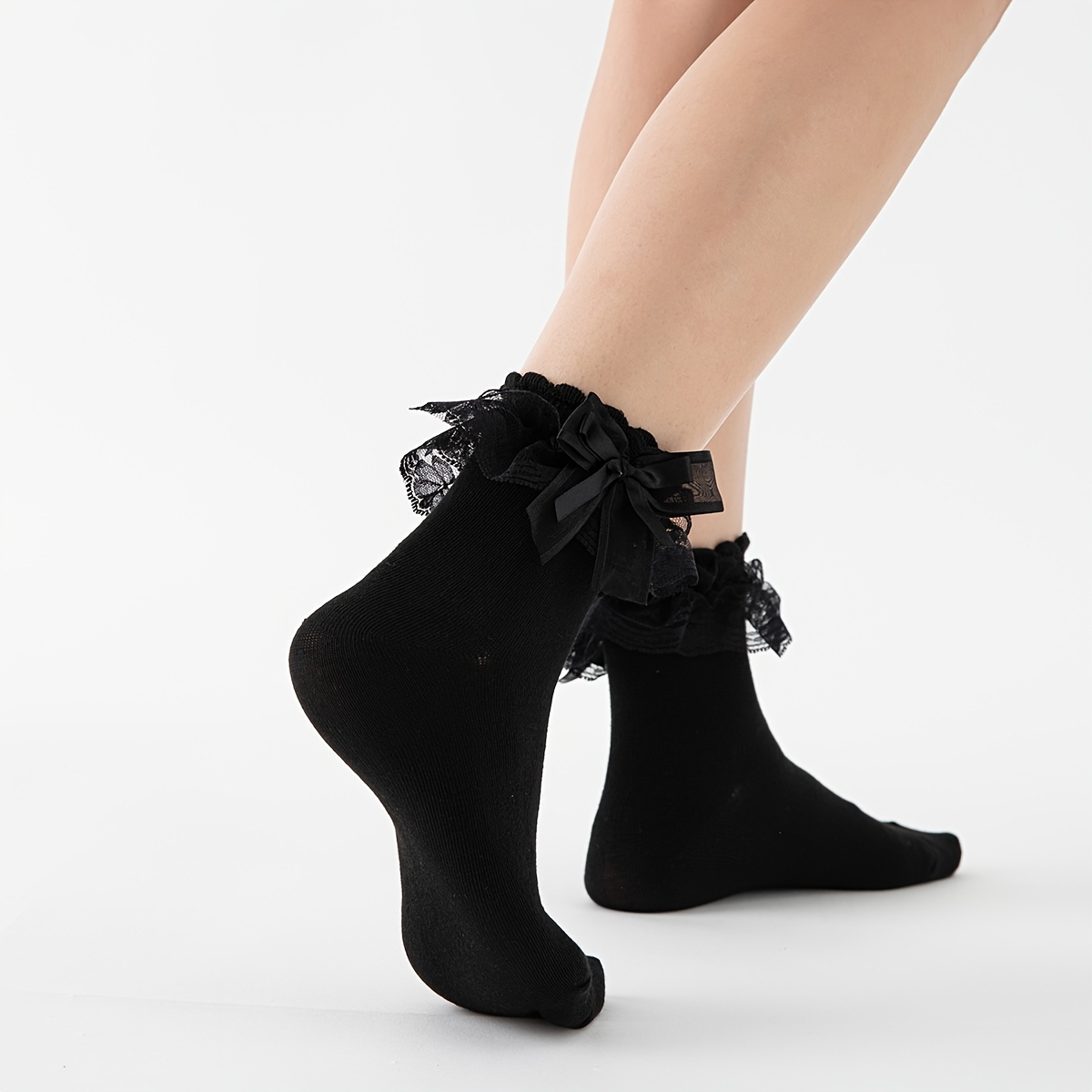TEMU Women's Black Lace-trimmed Socks With Ribbon Detail - Fabric, Soft & Comfortable, Perfect For Casual Or Formal Attire, Casual Wear|ribbon Decor
