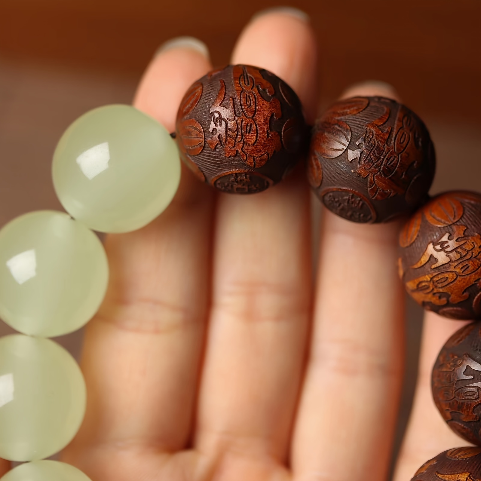 sandalwood pear wood carved luminous beads string with fortune words retro style handcrafted prayer beads for men spiritual gifts meditation accessories jewelry Product details 3