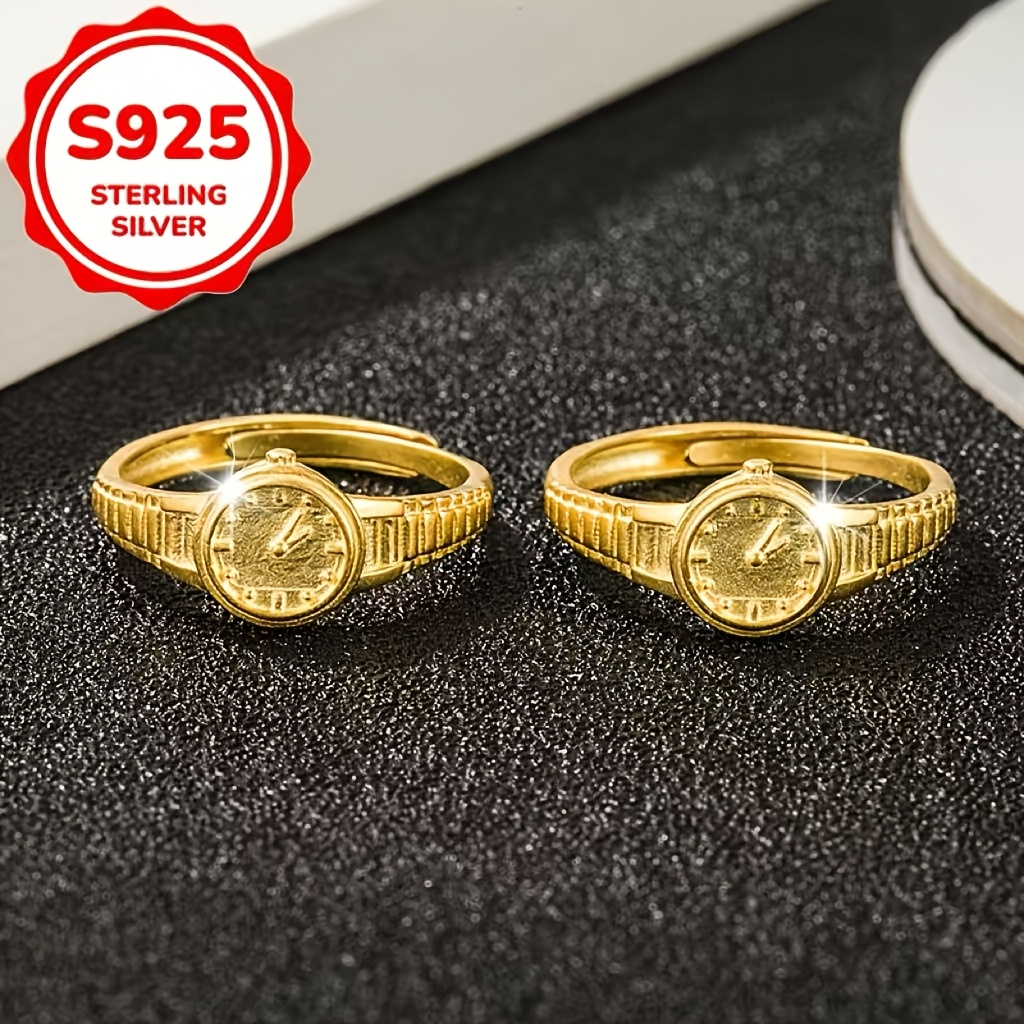 Women's S925 Sterling Silver Golden Clock Hand Band Ring, Unique Gift