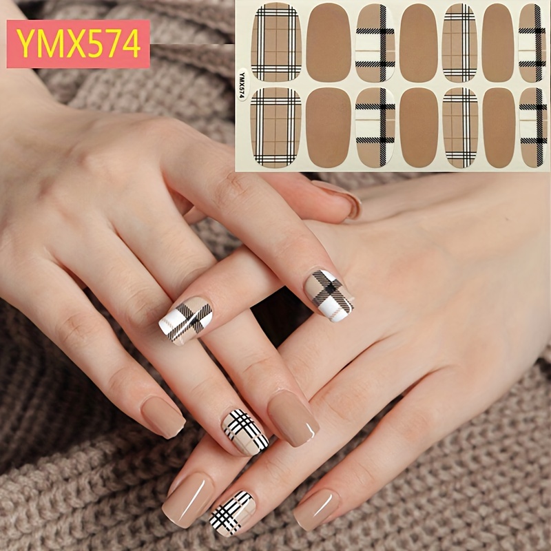 

Full Wrap Nail Stickers With Plaid Design, Self Adhesive Gradient Glitter Nail Decal Strip For Women And Girls