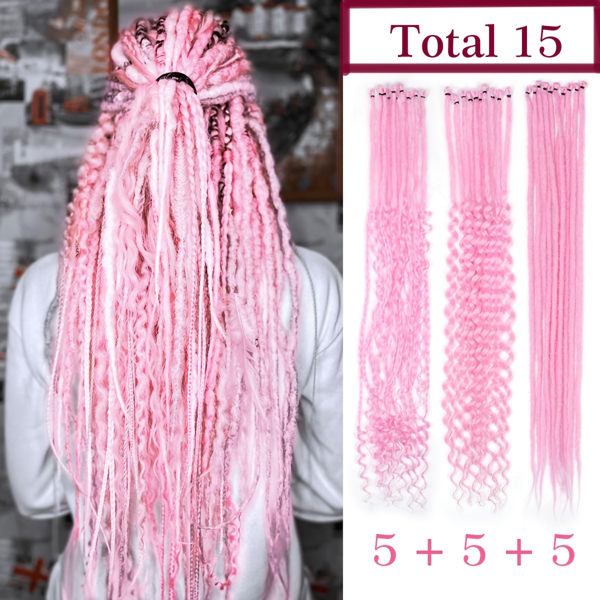 E-shop 24 Zoll Gemischte SE Dreadlock Extensions Sets, (3 in 1) 15 Stränge Synthetische Single Ended Dreads Extensions, Party Pink Hippie Dreads Style