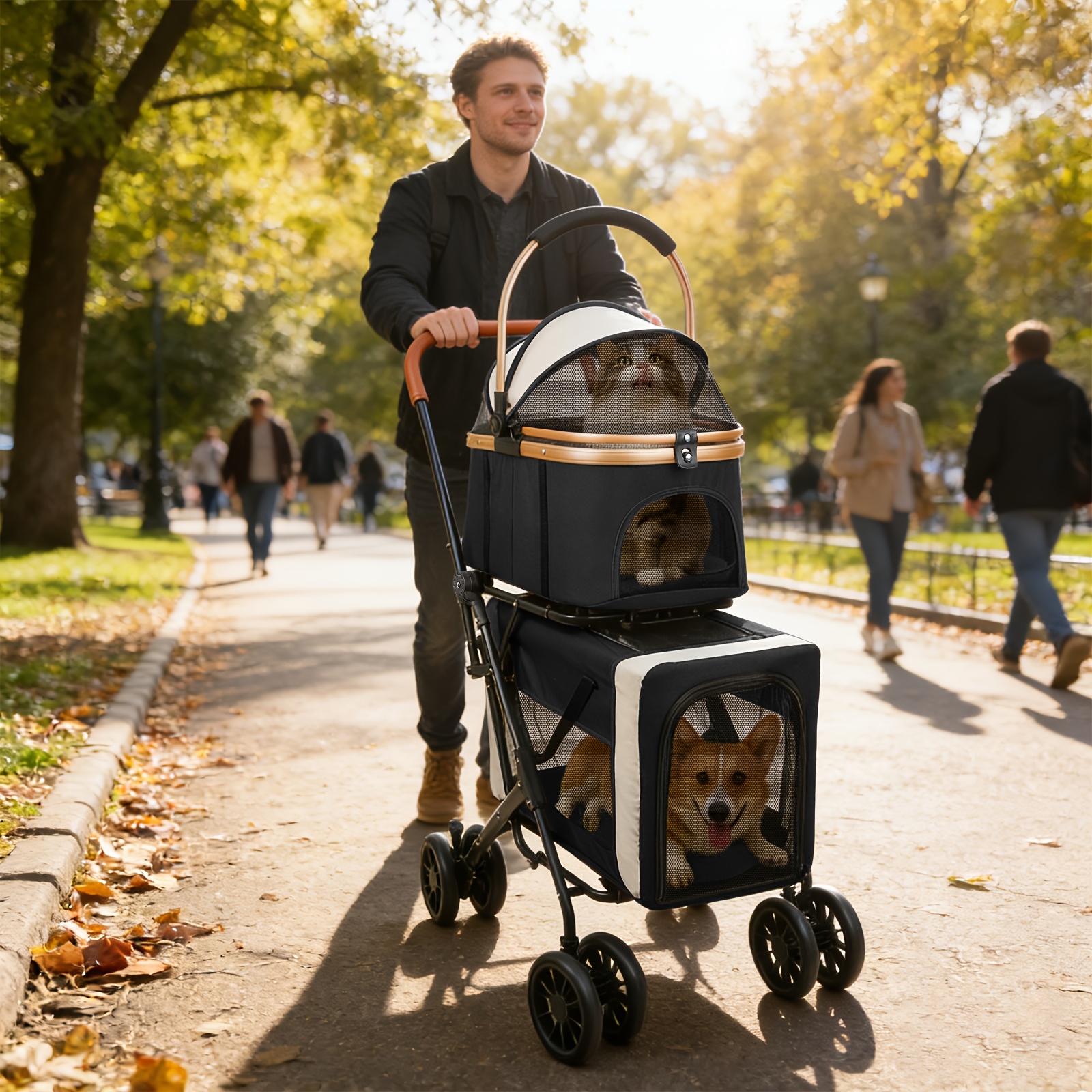 Double-decker Pet Stroller, Foldable Cat Stroller, Detachable , Pet Transport Vehicle With 4 Shock-absorbing Wheels, Stroller, Suitable For Small And Medium-sized Pets.