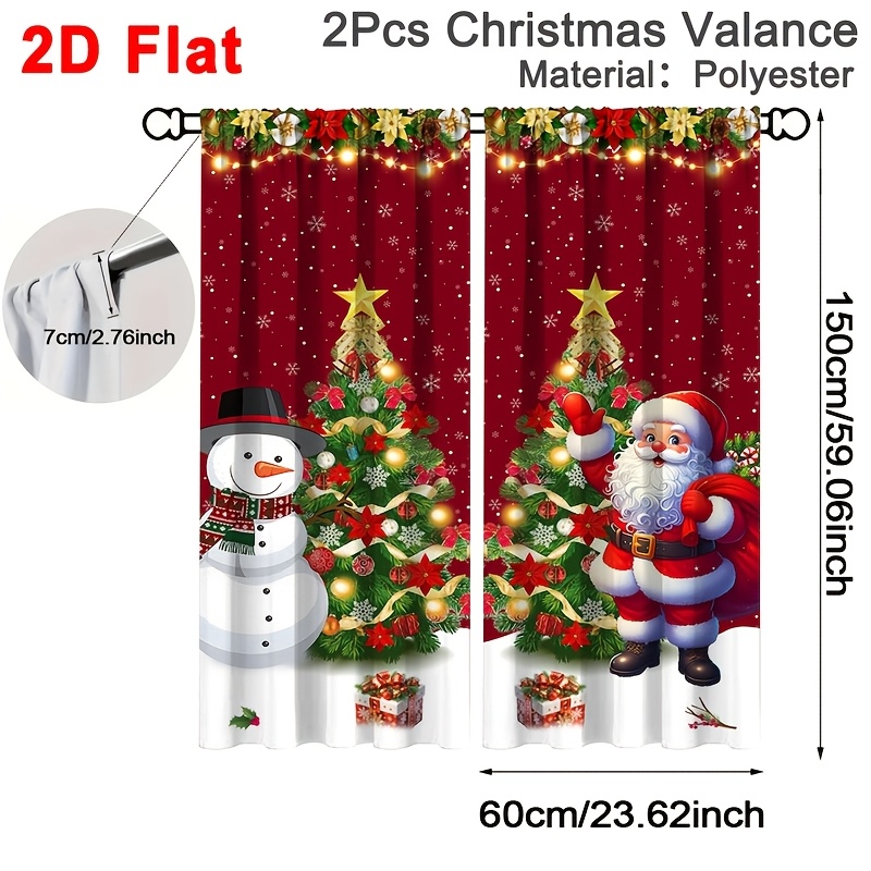 TEMU 2d Flat - 2pcs Festive Christmas Curtains, 60x150cm Santa Snowman Xmas Polyester Rod Pocket Curtains, Light Filtering Window Drapes For Bedroom,