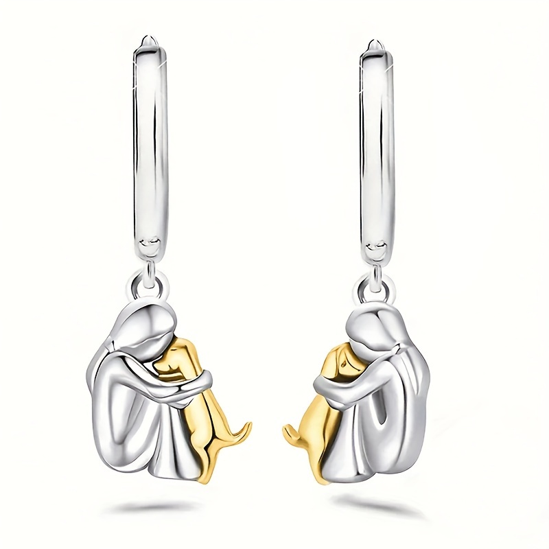 metal hugging girl and dog drop earrings, elegant simple style, cute everyday fashion accessories for women silvery golden 7