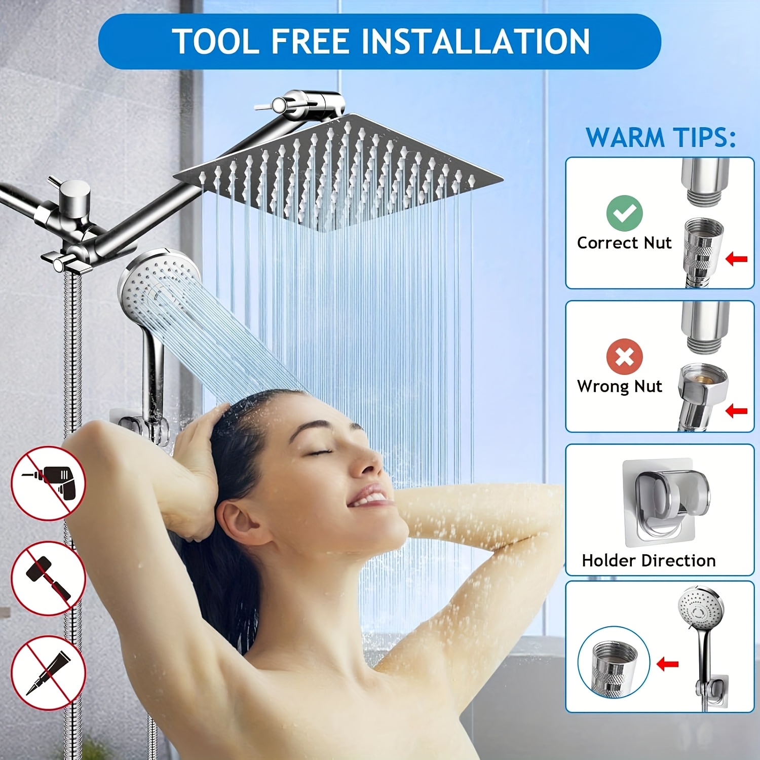 "Luxurious Rainfall Shower Head Combo: 8/12 Inch High Pressure & Handheld with 11 Inch Extension Arm – 5 Settings, Anti-leak Design, Height/Angle Adjustable" 15 "Luxurious Rainfall Shower Head Combo: 8/12 Inch High Pressure & Handheld with 11 Inch Extension Arm – 5 Settings, Anti-leak Design, Height/Angle Adjustable" - Image 15